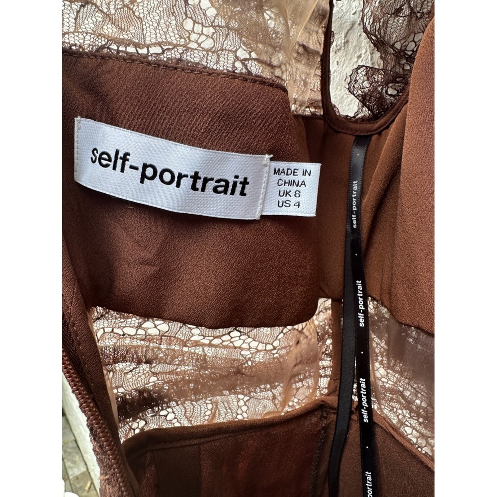 Self-Portrait Brown Lace‎ Tiered Midi Dress Ruched Ruffle Sleeveless US 4 - Picture 8 of 10